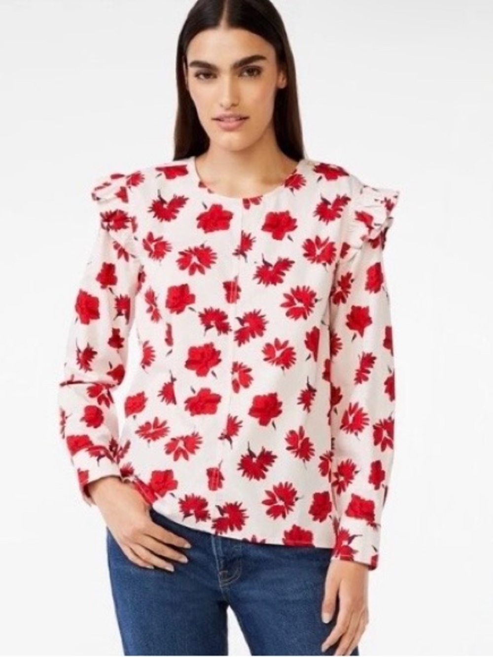 Free assembly Floral Ruffle Shoulder Blouse - White with Red Flowers size S - Picture 1 of 4
